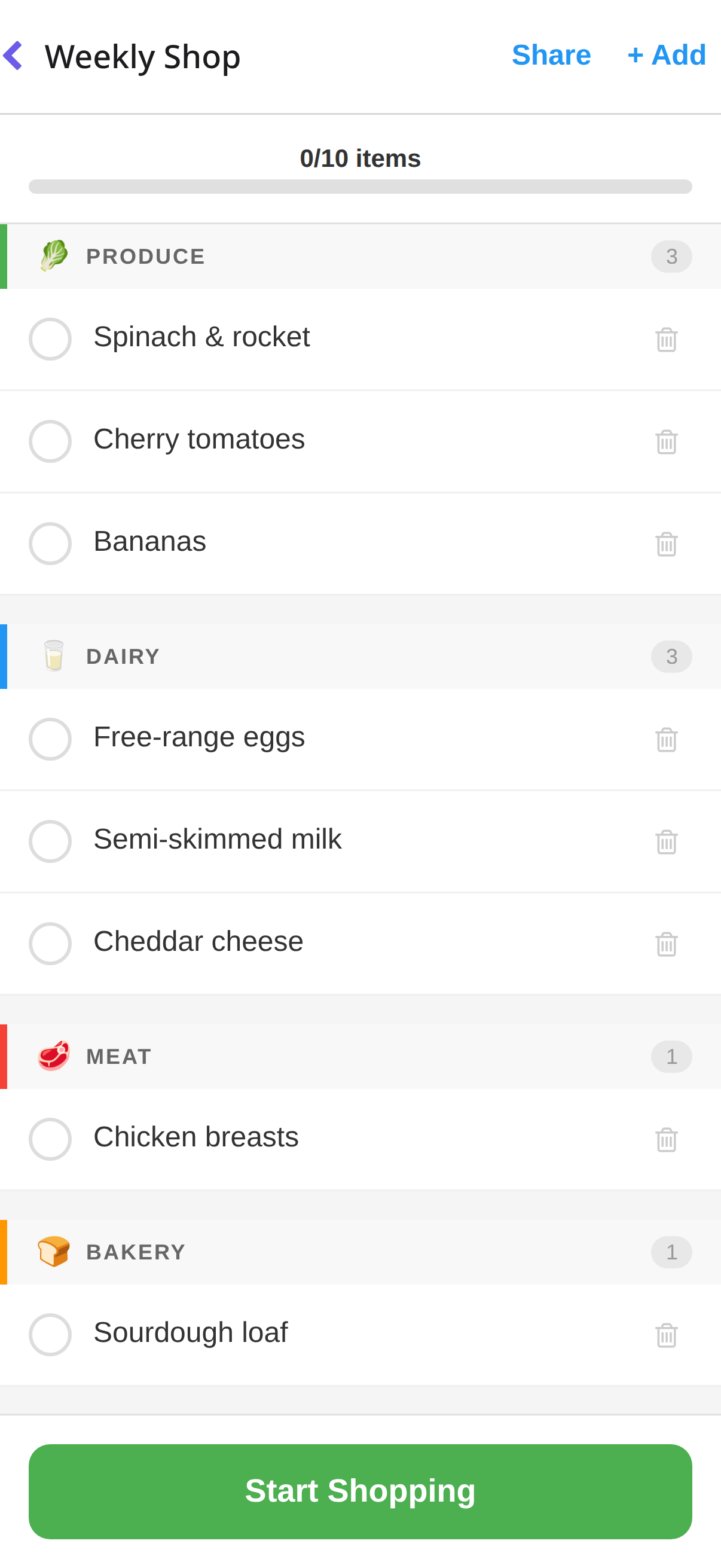 Plenna shopping list 'Weekly Shop' with items grouped into store aisles — Produce, Dairy, Meat, Bakery